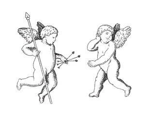 Cherub outlines and line art for Valentine's Day. Symbol of love and romantic. Antique Angel Baby Cupid illustration for printing on cards, invitations, tattoo, clothing art