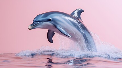 Fototapeta premium Striped Dolphin Leaping in Pink Waters: A Captivating Aquatic Ballet