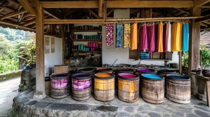 Fototapeta premium A dyeing workshop with vats of natural dyes and vibrant fabrics hanging to dry, 