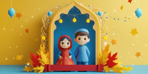 Naklejka premium Adorable 3D Animated Couple in Festive Islamic Archway Setting for Eid