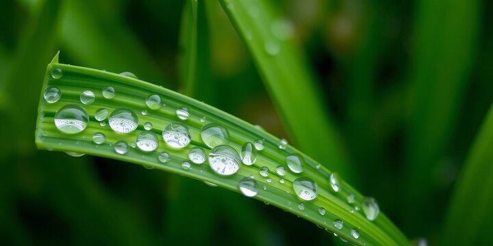 A close-up photo of a fresh green leaf adorned with glistening water droplets, leaf, macro