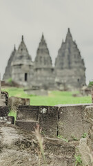 
Straight angle view. Scattered solid masonry with the bacground of Prambanan Tempel, Central Java, Indonesia. Blurred tempel as background