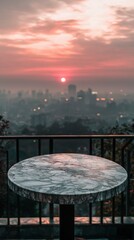 Naklejka premium Rooftop Bar Marble Table Sunset Cityscape Background