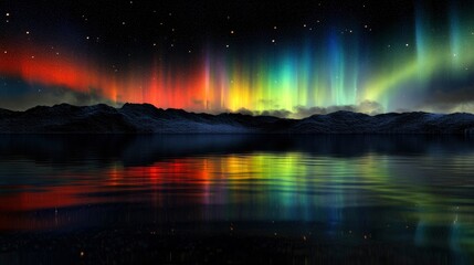 Colorful northern lights over a lake with reflection, Colorful aurora borealis in the sky