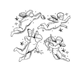  Cherub outlines and line art for Valentine's Day. Symbol of love and romantic. Antique Angel Baby Cupid illustration for printing on cards, invitations, tattoo, clothing art