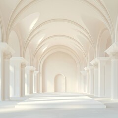 Fototapeta premium Grand white hall features elegant architecture with high ceilings, columns. Luxurious interior design creates spacious, airy atmosphere. Natural light streams in through arched windows. Perfect