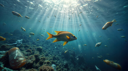 Fototapeta premium Unterwasserwelt: Fische, Schildkröten Unterwasser Lebewesen inmitten von Plastikverschmutzung in Folge der Umweltverschmutzung