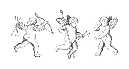 Cherub outlines and line art for Valentine's Day. Symbol of love and romantic. Antique Angel Baby Cupid Vector  illustration for printing on cards, invitations, tattoo, clothing art