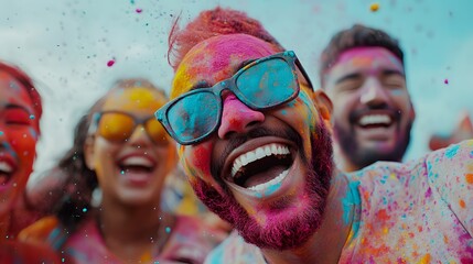 Vibrant festival celebration with colorful powder urban park photography outdoor close-up joyous atmosphere