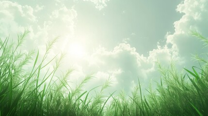 Obraz premium 4.Low view of tall green grass extending upwards toward a bright sky filled with soft white clouds; the sunlight illuminates each blade, capturing the movement and texture of the grass against the