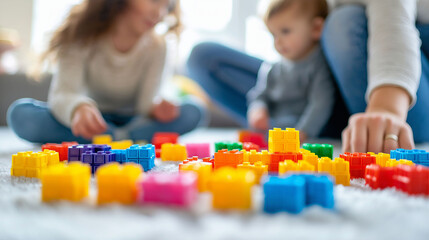 Toy blocks in playroom, mother playing with her children in the background.