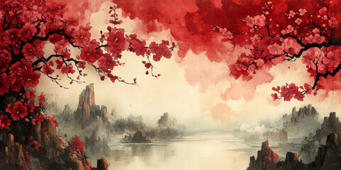 Traditional Chinese style of minimalist landscape painting art background