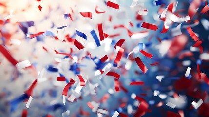 Red, white, and blue confetti on a blurred background with copy space for text or design, suitable for celebrations