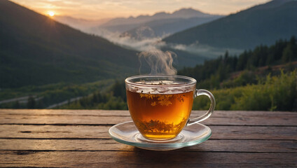 Hot Tea on Wooden Deck with Mountains