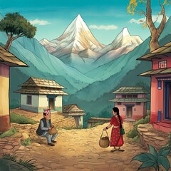 Illustration of Nepali Character With Culture and Traditions, Illustrations of Nepali Daily Life, Festivals, and Scenic Landscapes
