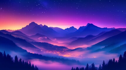 Fototapeta premium 19.Mountains in fog at beautiful night in autumn in Dolomites, Italy. Landscape with alpine mountain valley, low clouds, forest, purple sky with stars, city illumination at sunset: