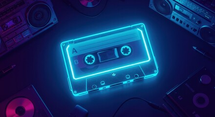 Fototapeta premium Retro neon cassette tape on dark background with vintage audio equipment
