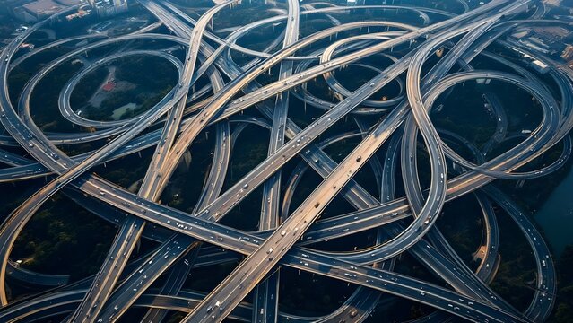 Aerial View of Complex Urban Highway Interchange Network System. Generative AI