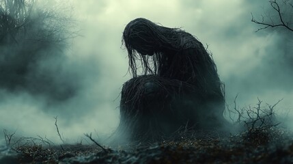 Fototapeta premium Foggy nature scene shows lonely figure shrouded in branches, roots. Surreal atmosphere evokes sorrow, mystery. Lost spirit sits in dark forest. Spooky gloomy mood. Eerie, enchanting artwork.