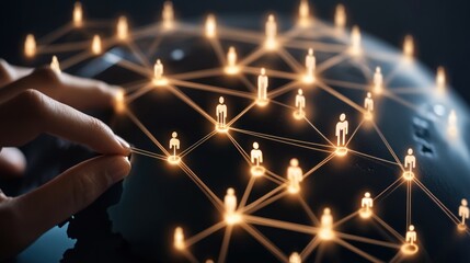 A glowing globe of interconnected business networks, leaders pointing to key locations