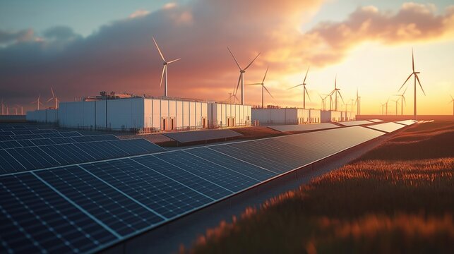 Modern eco tech facility with solar panels, wind turbines. Large-scale battery arrays, grid integration systems. Sustainable energy storage facility at sunset. Innovation in renewable energy. Wide