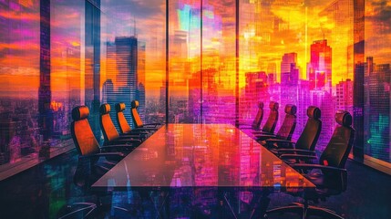 Obraz premium A vibrant, modern conference room with a city skyline at sunset.