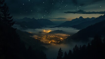 Fototapeta premium 22.Fog-covered mountains under a dusky autumn sky in the Dolomites, with stars beginning to shimmer above; scattered city lights below add warmth to the shadowed valley, surrounded by dense forest