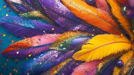 A vibrant Mardi Gras float adorned with colorful feathers and sequins, showcasing the festive decorations of a lively parade and carnival celebration