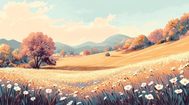 53.Serene spring landscape in vector style with a meadow filled with blooming flowers, soft pastel colors, and gentle hills under a clear sky; the design conveys the warmth and vibrancy of the season.