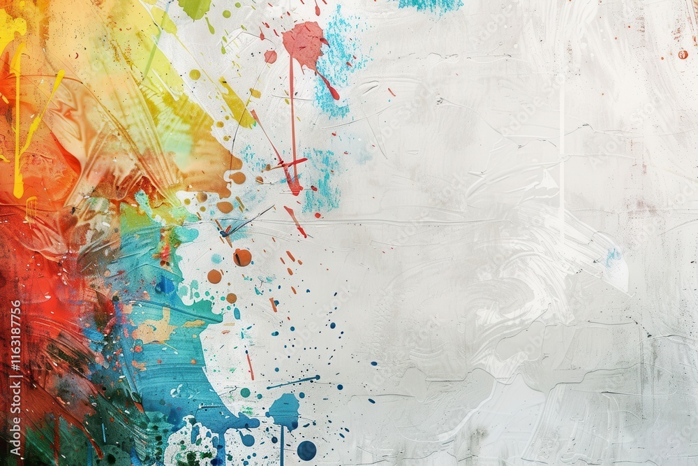 Fototapete vibrant abstract art showcasing splashes of color on a textured white background in a modern setting