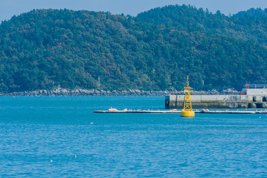 Yellow buoy and a forested coastline in the background, located in Wando, South Korea