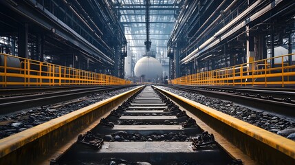 Fototapeta premium A photograph of an industrial interior, featuring steel structures and yellow guardrail walkways over tracks leading to large tanks filled with light gray oil in the background. The scene is 
