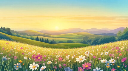 51.Vibrant vector spring landscape with wildflowers dotting the grass, gentle hills rolling into the distance, and a bright, clear sky; soft, warm colors evoke a peaceful, rejuvenating springtime