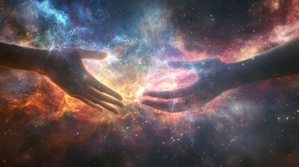 Two hands reaching towards each other amidst a cosmic background of stars and colors.