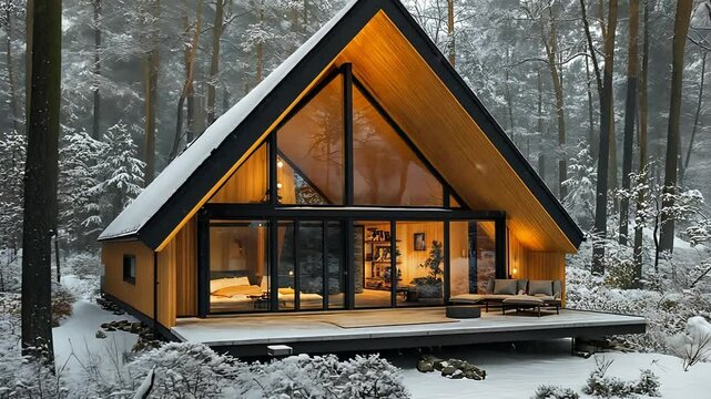 A-frame cabin in the snowy woods at night, warm interior lighting