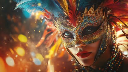 Mardi Gras concept with a vibrant mask adorned with feathers and beads, set against a festive background, capturing the essence of celebration and tradition