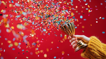 A hand holds a shiny golden trophy with colorful confetti exploding in a festive red background, conveying joy and achievement.