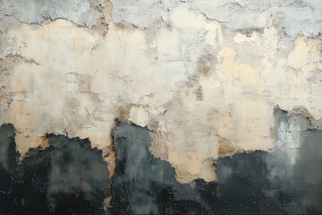 Aged wall with peeling paint showing layers of different colors, textures. Beige, gray tones give...