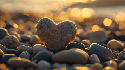 Fototapeta premium A charming heart-shaped stone rests among pebbles on a beach, illuminated by warm sunset light, creating a serene and romantic atmosphere.