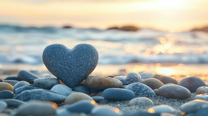 Fototapeta premium A heart-shaped stone rests on pebbled beach, with gentle waves and a golden sunset creating a tranquil and romantic atmosphere.
