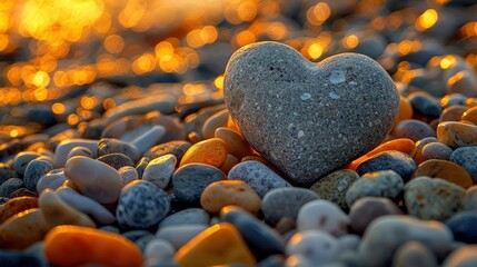 Obraz premium A heart-shaped stone rests among colorful pebbles, illuminated by sunset reflections, creating a serene and romantic beach scene.