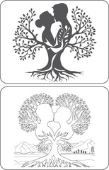 Cute Kissing tree man and women Heart shape love happy Valentin&rsquo;s day hand drawn coloring page set bundle collection activity book vector for amar Coloring book, greeting card invitation Print