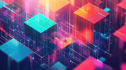Abstract digital landscape with glowing cubes and data lines.