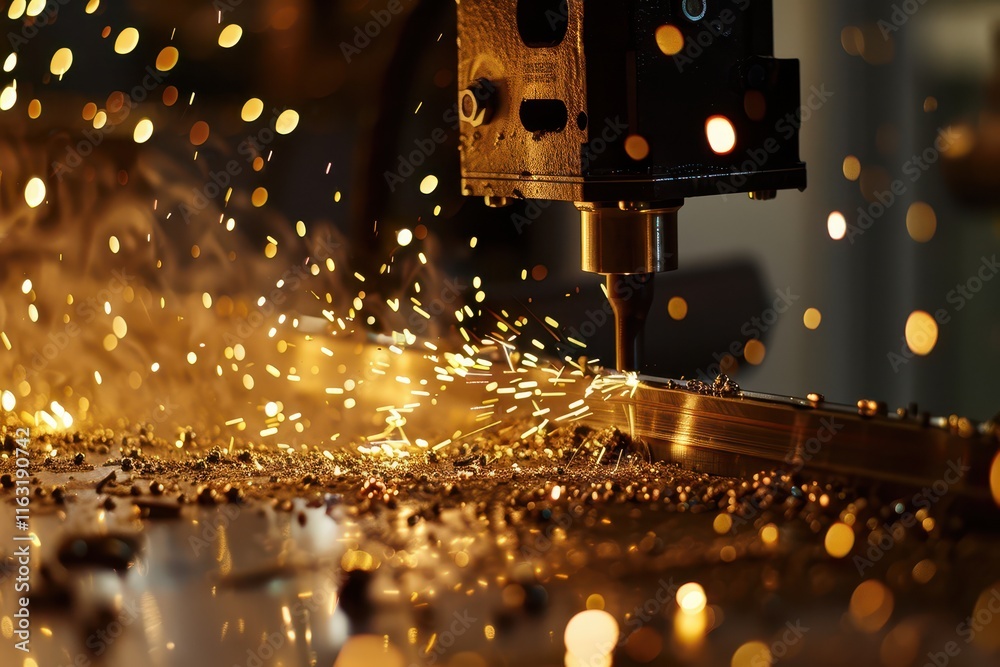 Aufkleber Laser cutting process in an industrial workshop showcasing intricate designs on metal sheets during daylight hours