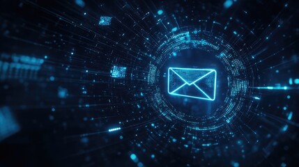Obraz premium A digital representation of an email symbol surrounded by glowing data streams.