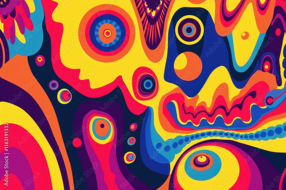 Poster Vibrant abstract art with circular patterns and dynamic colors showcasing an energetic and playful design