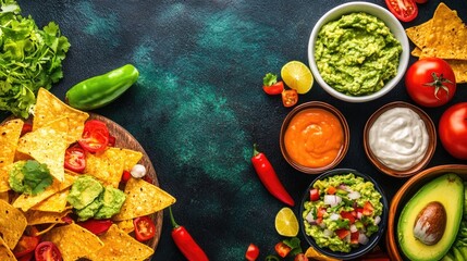 Mexican cuisine spread with nachos, guacamole, and sauces on dark rustic background Happy Cinco de mayo