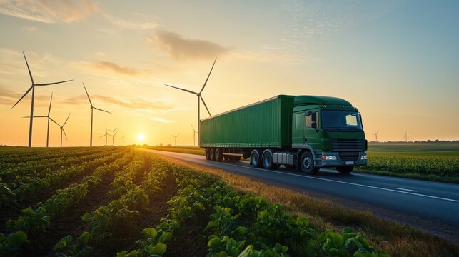 Green truck moves along rural road at sunrise. Wind turbines stand in fields of crops. Sustainable transportation solution, eco-friendly logistics, renewable energy visible. Eco-conscious supply