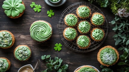 Green-themed cupcakes with shamrock decorations on rustic wooden table. Happy St. Patrick's Day