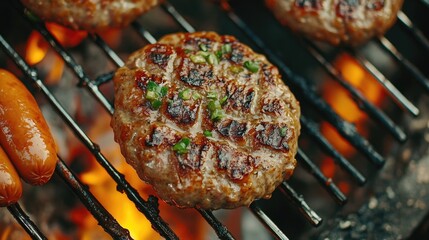 Juicy grilled burger patty on bbq with sausages and flames Happy 4th of July, Independence Day USA